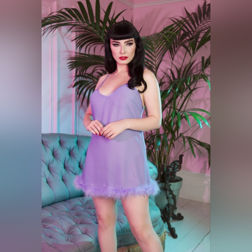 NIP Bettie Page Lilac Chiffon Feather Babydoll Dress Size Womens US 12